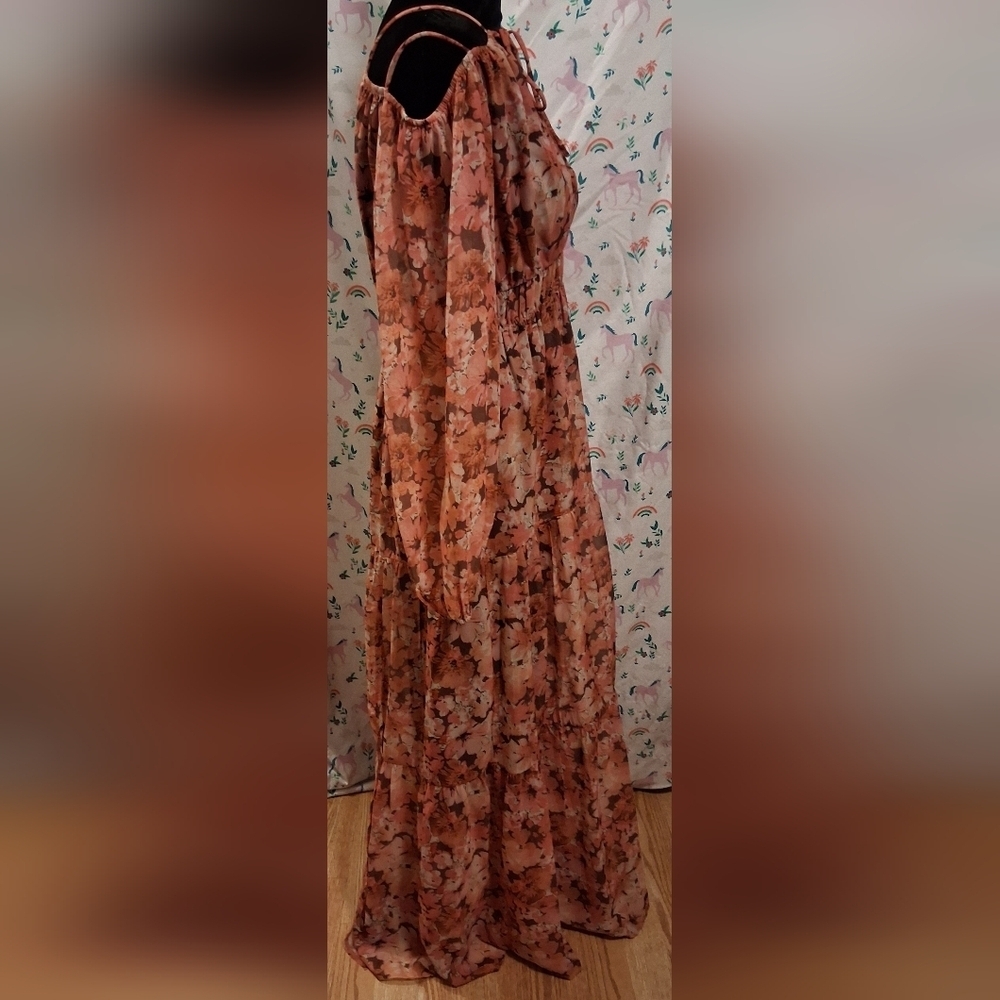 NWOT Reved Pink Floral Romantic Cottage Boho Sheer Long Sleeve Maxi Dress SZ L - Picture 4 of 7